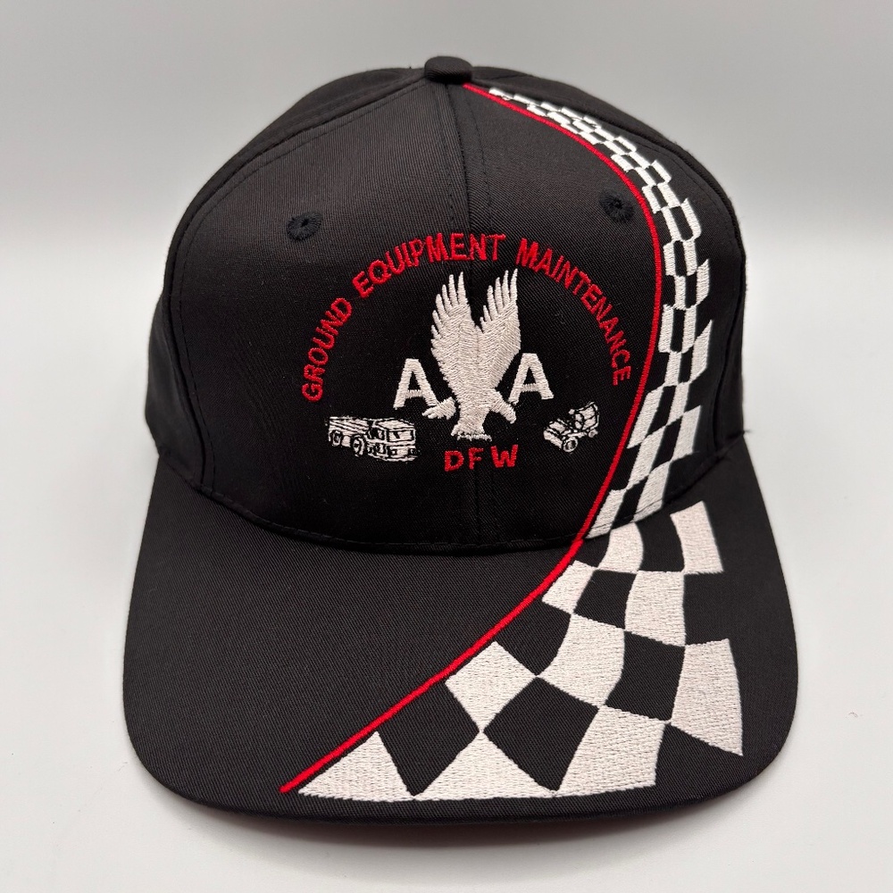 VTG American Airlines DFW Ground Equipment Black Checkered Print Snapback HatNWT